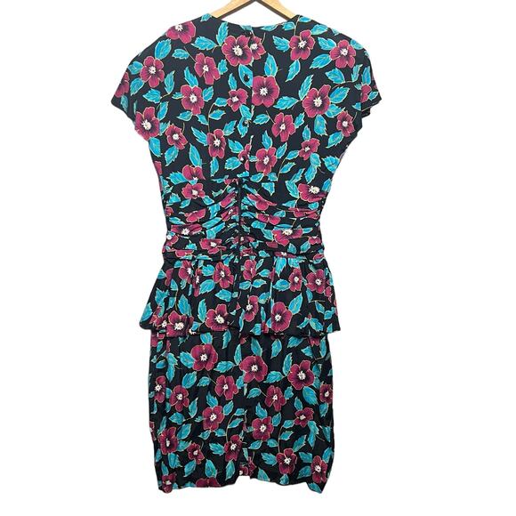 Vintage 80s Floral Peplum Dress Shirred Waist Button Back Size Medium Retro 40s - Picture 2 of 10